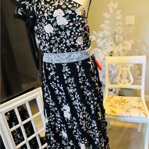 Mac Duggal One Shoulder Black Dress with Pink and White Floral Embroidery. NWT.
